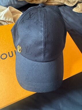 Louis Vuitton Black Monogram Embossed Baseball Cap with Gold Pin